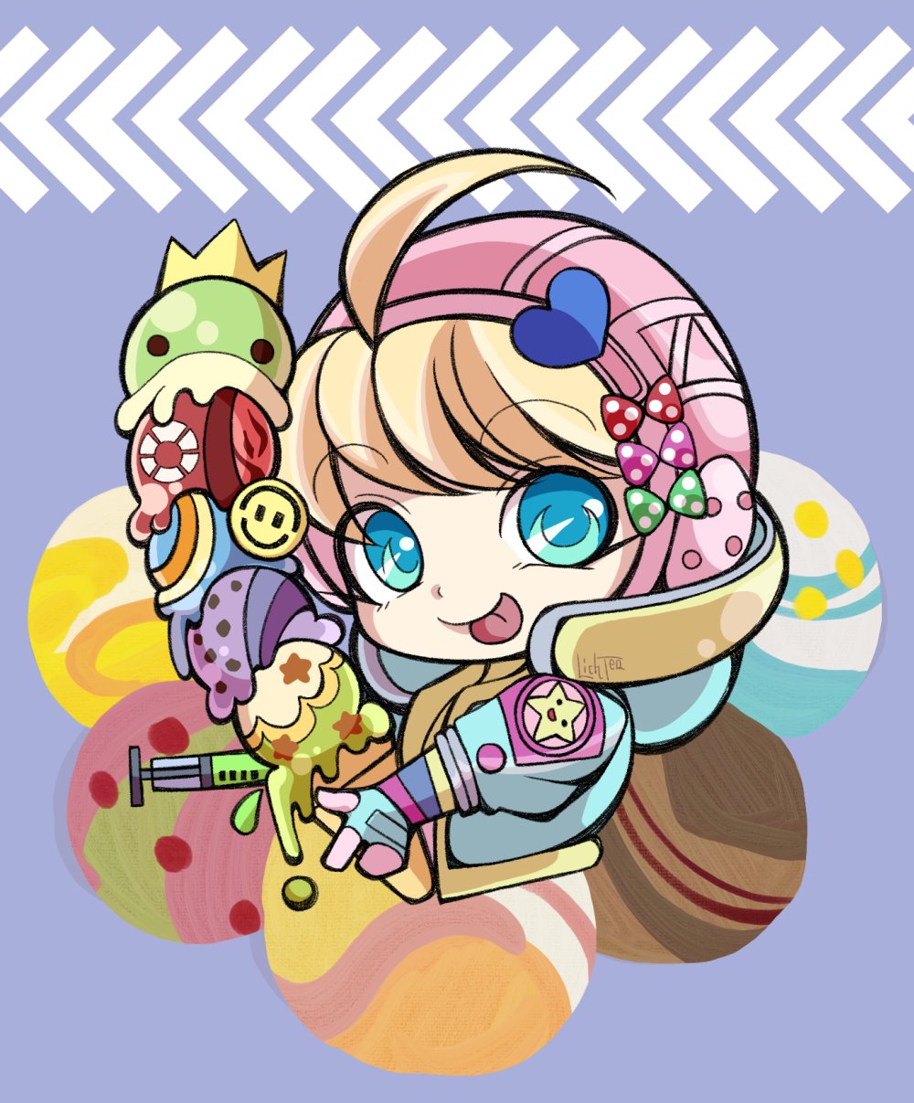 1girl animification apex_legends blonde_hair blue_eyes blue_jacket bow character_food classic_revenant cowlick food green_bow heart highres holding holding_food holding_ice_cream hood hood_down hood_up ice_cream jacket kawaii_voltage_wattson lich_cha looking_at_viewer nessie_(respawn) octane_(apex_legends) official_alternate_costume pathfinder_(apex_legends) pink_bow polka_dot polka_dot_bow red_bow revenant_(apex_legends) smile solo star_(symbol) syringe tongue tongue_out upper_body wattson_(apex_legends) wraith_(apex_legends)