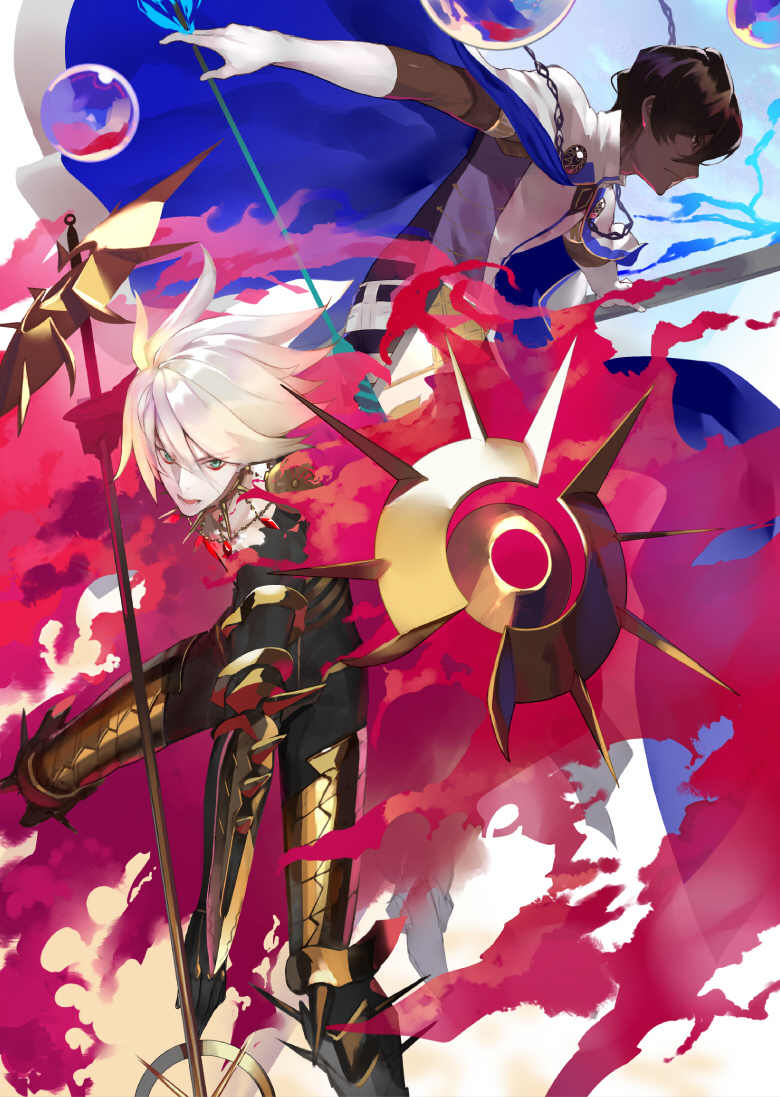 arjuna_(fate/grand_order) black_bodysuit blue_cape blue_eyes bodysuit brown_eyes brown_hair cape closed_mouth collar dark_skin dark_skinned_male eyebrows_visible_through_hair fate/apocrypha fate/grand_order fate_(series) gloves greaves hair_between_eyes holding holding_weapon karna_(fate) looking_at_viewer male_focus metal_collar multicolored multicolored_cape multicolored_clothes multiple_boys pale_skin parted_lips shirabi spikes two-handed vambraces weapon white_gloves white_hair