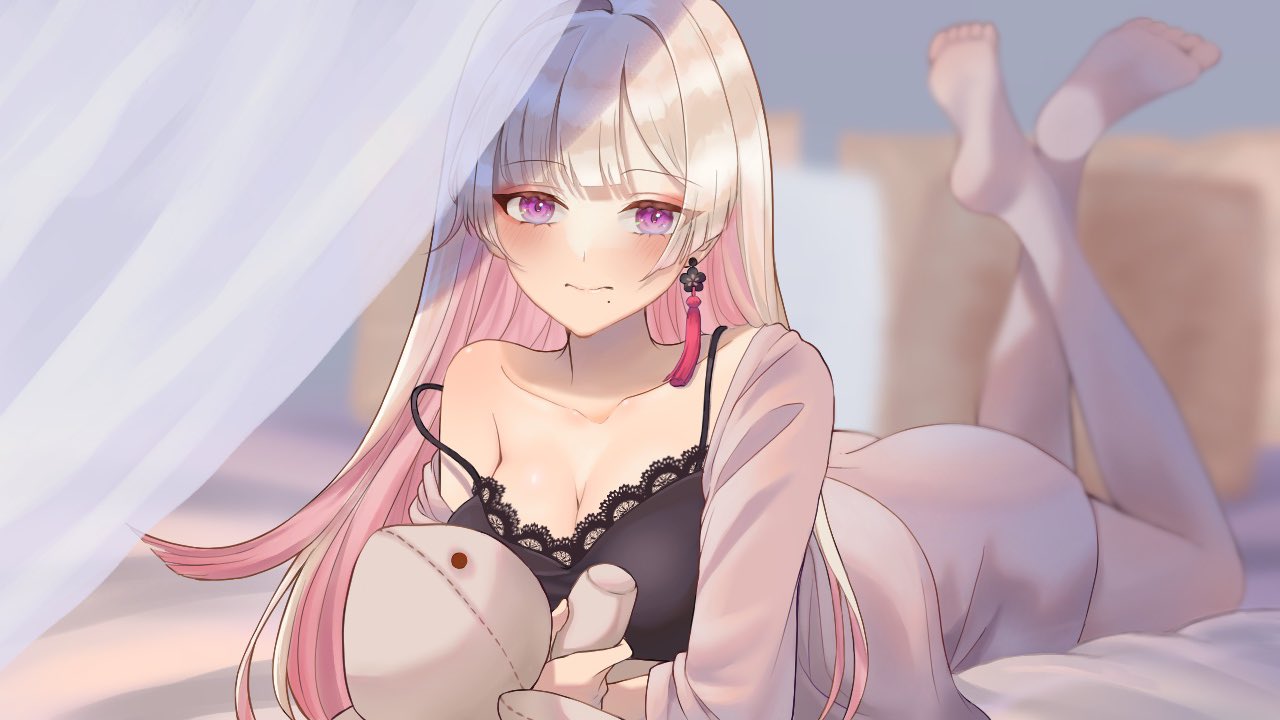 1girl ass barefoot black_negligee blonde_hair blurry blurry_background blush breasts closed_mouth collarbone colored_inner_hair commission earrings holding holding_stuffed_toy jewelry long_hair looking_at_viewer lying makurano_neena mole mole_under_mouth multicolored_hair on_stomach pink_hair pink_tassel production_kawaii purple_eyes shima_koushi single_bare_shoulder skeb_commission solo strap_slip stuffed_toy tassel tassel_earrings the_pose virtual_youtuber