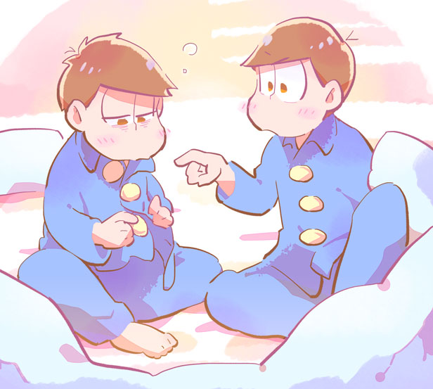 2boys antenna_hair bags_under_eyes barefoot blue_pajamas blue_pants blue_shirt blue_sleeves blunt_bangs blush_stickers brothers brown_eyes brown_hair buttoning buttons character_request collared_shirt commentary_request exhausted full_body knee_up long_sleeves looking_at_another multiple_boys open_mouth osomatsu-san pajamas pants parted_lips pillow pointing pointing_at_another shirt short_hair siblings sitting squeans toes u_u_ki_u_u v-shaped_eyebrows