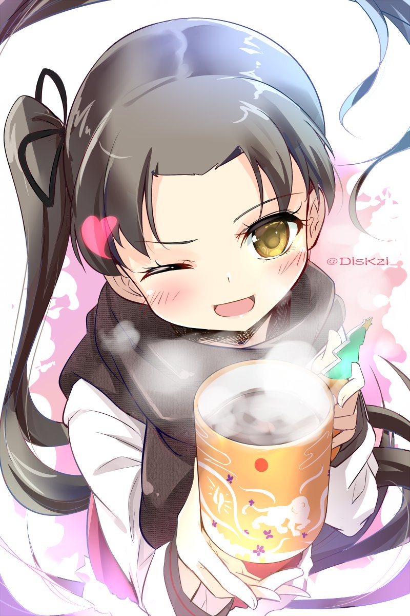 ayanami_(kantai_collection) black_hair brown_eyes brown_scarf commentary_request cup highres kantai_collection long_hair looking_at_viewer lzd mug one_eye_closed open_mouth remodel_(kantai_collection) scarf side_ponytail smile solo steam sweater twitter_username upper_body very_long_hair white_sweater yunomi