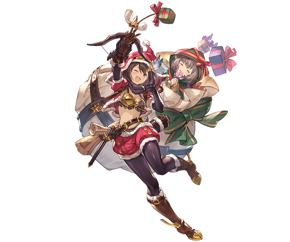 ;d arm_up belt bob_cut boots bow_(weapon) brown_footwear brown_hair candy cropped_jacket crossbow dagger eating fang feena_(shingeki_no_bahamut) food full_body gift granblue_fantasy hair_ornament hat jacket lollipop map minaba_hideo minigob multiple_girls official_art one_eye_closed open_mouth red_jacket red_shorts santa_costume santa_hat shorts smile star star_hair_ornament transparent_background weapon