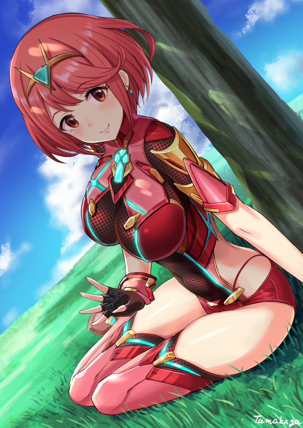 arm_support bangs bare_back blue_sky blush breasts closed_mouth cloud covered_navel day earrings eyebrows_visible_through_hair fingerless_gloves full_body gloves grass hair_ornament highres hips homura_(xenoblade_2) jewelry lap_pillow_invitation large_breasts long_hair looking_at_viewer outdoors red_eyes red_hair revealing_clothes shaded_face shadow short_hair sky solo tamakaga xenoblade_(series) xenoblade_2