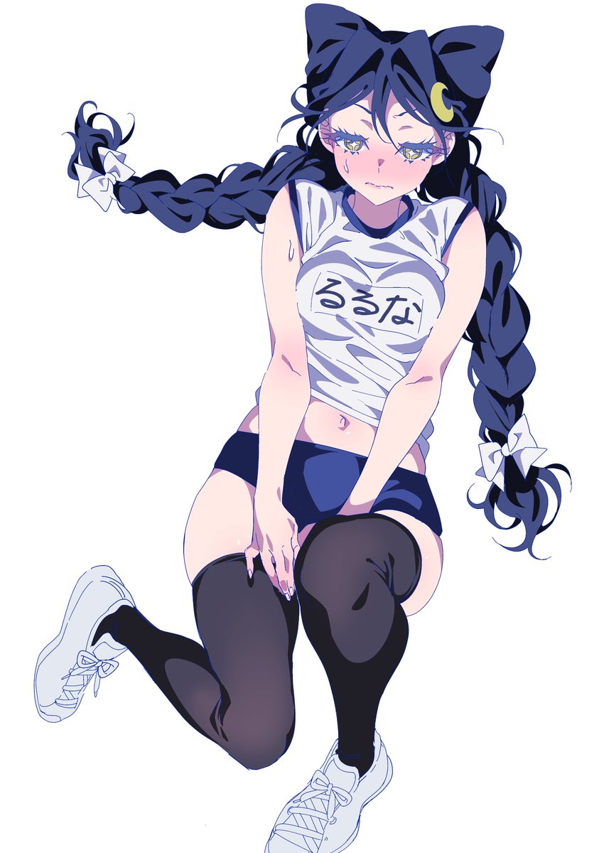 1girl alternate_costume alternate_hairstyle anchiki_shou archived_source bad_id bad_twitter_id black_thighhighs blue_buruma blush bow braid breasts buruma closed_mouth crescent crescent_hair_ornament embarrassed full_body gym_shirt gym_uniform hair_bow hair_ornament highres image_sample kiratto_pri_chan long_hair looking_at_viewer luluna_(pri_chan) medium_breasts midriff name_tag nose_blush pretty_series shirt shoes simple_background sitting sneakers solo sweatdrop thighhighs tight_clothes translation_request twin_braids twitter_sample white_background white_bow white_shirt yellow_eyes