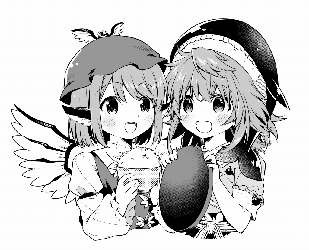 2girls animal_ears animal_hat bird_ears bird_wings blush bowl collared_shirt dress earrings greyscale hat holding holding_bowl jewelry kapuchii long_sleeves monochrome multiple_girls mystia_lorelei okunoda_miyoi open_mouth rice shirt short_hair short_sleeves simple_background single_earring sleeve_garter smile touhou whale_hat white_background winged_hat wings