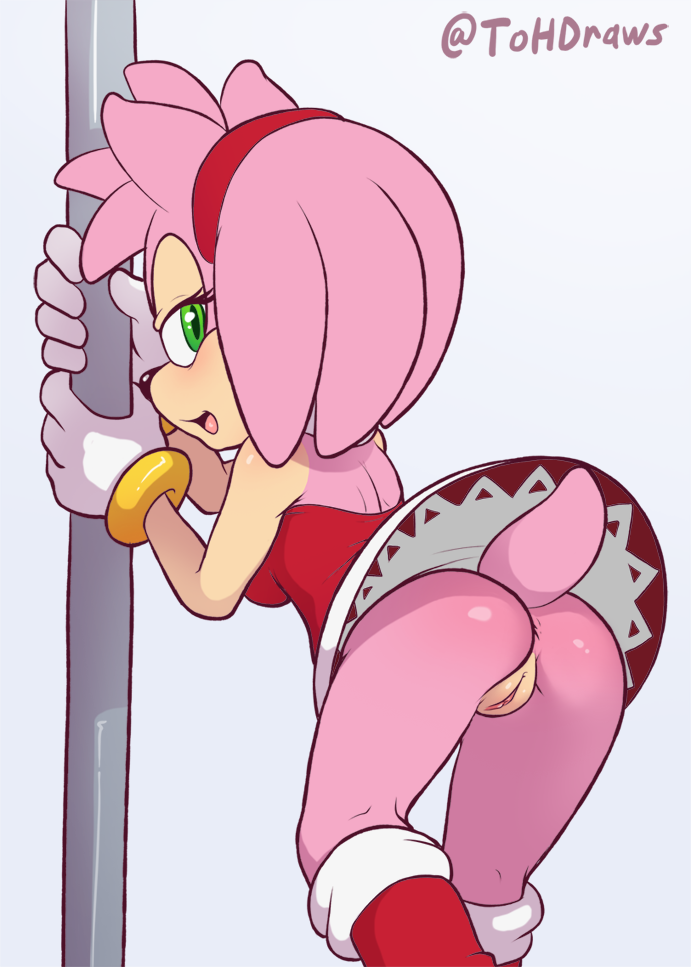2017 amy_rose anthro anus bare_shoulders black_nose blush boots bracelet breasts butt clothed clothing female footwear fur gloves green_eyes hairband half-closed_eyes hedgehog invalid_tag jewelry mammal medium_breasts open_mouth pink_fur pole pussy red_dress solo sonic_(series) the_other_half tongue