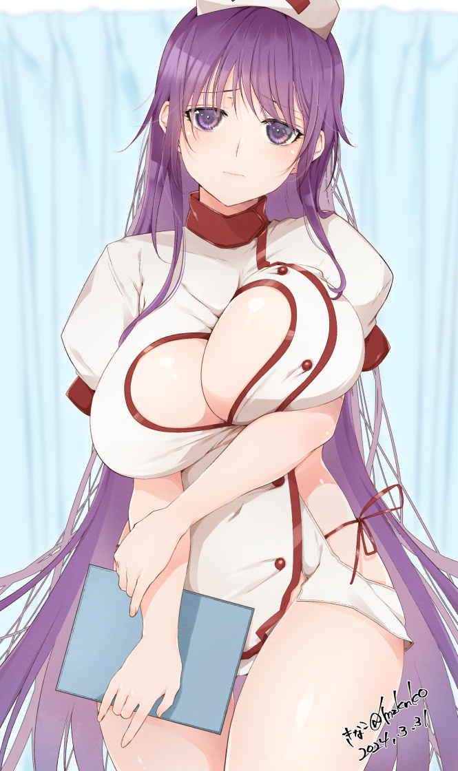 1girl breasts cleavage cleavage_cutout clipboard closed_mouth clothing_cutout commentary hat hip_vent holding holding_clipboard huge_breasts indoors infirmary kinako_(mzknk0) light_blush long_hair looking_at_viewer murasaki_(senran_kagura) nervous nurse nurse_cap panties pantyshot purple_eyes purple_hair senran_kagura side-tie_panties solo underwear