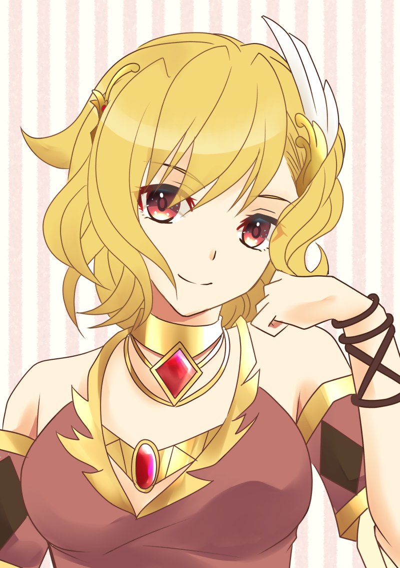 1girl blonde_hair brown_dress citrinne_(fire_emblem) dress earrings feather_hair_ornament feathers fire_emblem fire_emblem_engage gold_choker gold_trim hair_ornament hoop_earrings jewelry leather_wrist_straps red_eyes solo sylphy_fe wing_hair_ornament