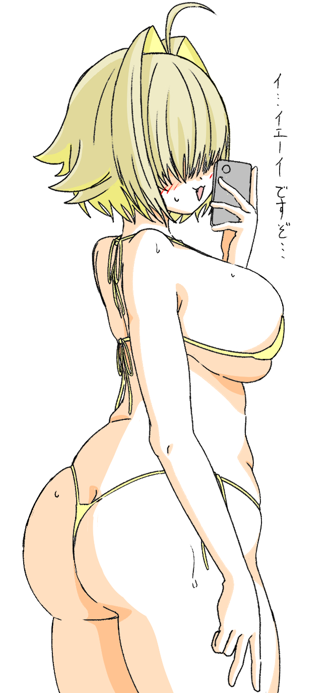 1girl ass bikini blonde_hair breasts colored_inner_hair elegg_(nikke) goddess_of_victory:_nikke hair_intakes hair_over_eyes highres katakuriko626 large_breasts long_bangs micro_bikini multicolored_hair plump simple_background solo sweatdrop swimsuit taking_picture translation_request upright_ahoge water_drop white_background yellow_bikini