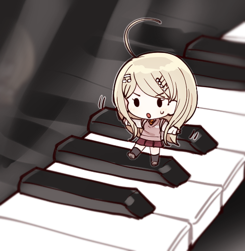 1girl ahoge akamatsu_kaede blonde_hair danganronpa hair_ornament hairclip miniskirt musical_note musical_note_hair_ornament necktie new_danganronpa_v3 piano school_uniform shoes skirt socks solo sweater sweater_vest tie uniform