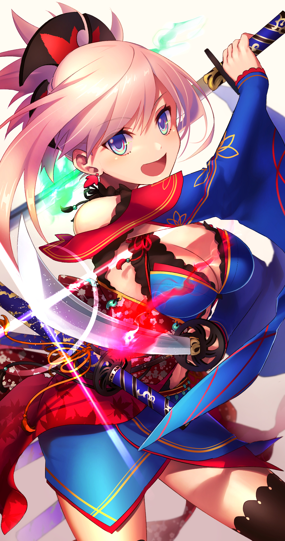 asymmetrical_hair autumn_leaves black_legwear blue_eyes blue_kimono detached_sleeves dual_wielding earrings fate/grand_order fate_(series) hair_ornament highres holding holding_sword holding_weapon japanese_clothes jewelry katana kimono leaf_print looking_at_viewer magatama maple_leaf_print miyamoto_musashi_(fate/grand_order) navel_cutout obi pink_hair ponytail sash sheath sheathed short_kimono sleeveless sleeveless_kimono sword thighhighs tia_(cocorosso) unsheathed weapon wide_sleeves