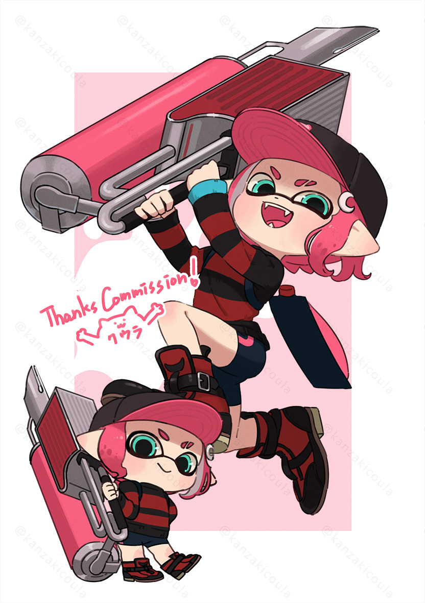 1girl aqua_eyes baseball_cap bike_shorts black_footwear black_hat border chibi chibi_inset closed_mouth commentary_request commission coula_cat eyebrow_cut flingza_roller_(splatoon) hat high_tops holding holding_weapon ink_tank_(splatoon) inkling inkling_girl inkling_player_character medium_hair multiple_views open_mouth outside_border pointy_ears red_background red_footwear red_hair shoes smile sneakers splatoon_(series) splatoon_3 teeth tentacle_hair thank_you two-tone_footwear weapon white_border