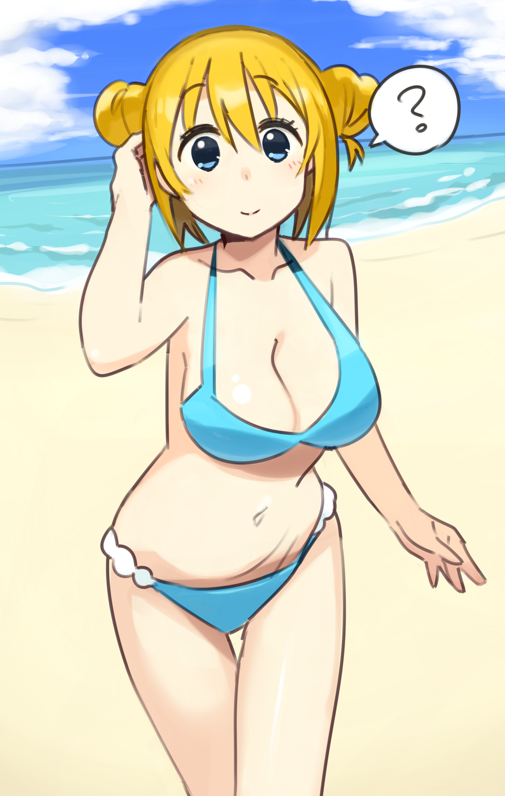? bad_id bad_pixiv_id bangs bare_arms bare_shoulders beach bikini blend_s blonde_hair blue_bikini blue_eyes blush breasts cleavage closed_mouth collarbone commentary_request day double_bun eyebrows_visible_through_hair hair_between_eyes highres hinata_kaho kasa_list large_breasts looking_at_viewer navel ocean outdoors sand sidelocks smile solo spoken_question_mark swimsuit water