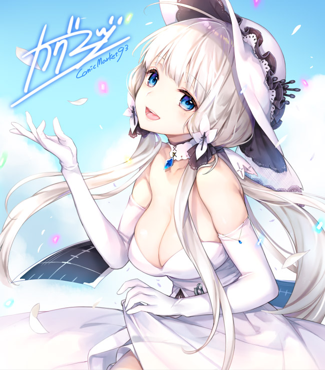 :d ahoge azur_lane bangs bare_shoulders blue_eyes blue_sky blunt_bangs blush breasts cleavage closed_mouth cross day detached_collar dress elbow_gloves eyebrows_visible_through_hair from_side gem gloves glowing hair_ornament hand_up hat illustrious_(azur_lane) kaguyuzu large_breasts long_hair looking_at_viewer looking_to_the_side open_mouth petals shiny shiny_skin signature silver_hair skirt_hold sky smile solo strapless strapless_dress sun_hat tri_tails upper_body very_long_hair white_dress white_gloves white_hat