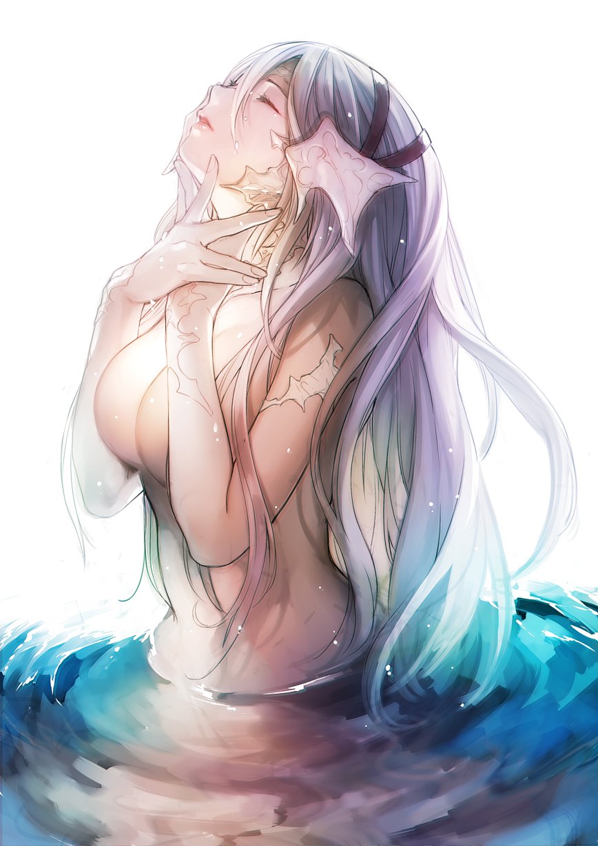au_ra breasts closed_eyes convenient_arm final_fantasy final_fantasy_xiv fingernails hair_between_eyes hands_up highres large_breasts lavender_hair long_hair mermaid monster_girl nude own_hands_together parted_lips partially_submerged red_lips solo tamtam_ex topless very_long_hair water wet wet_hair white_background