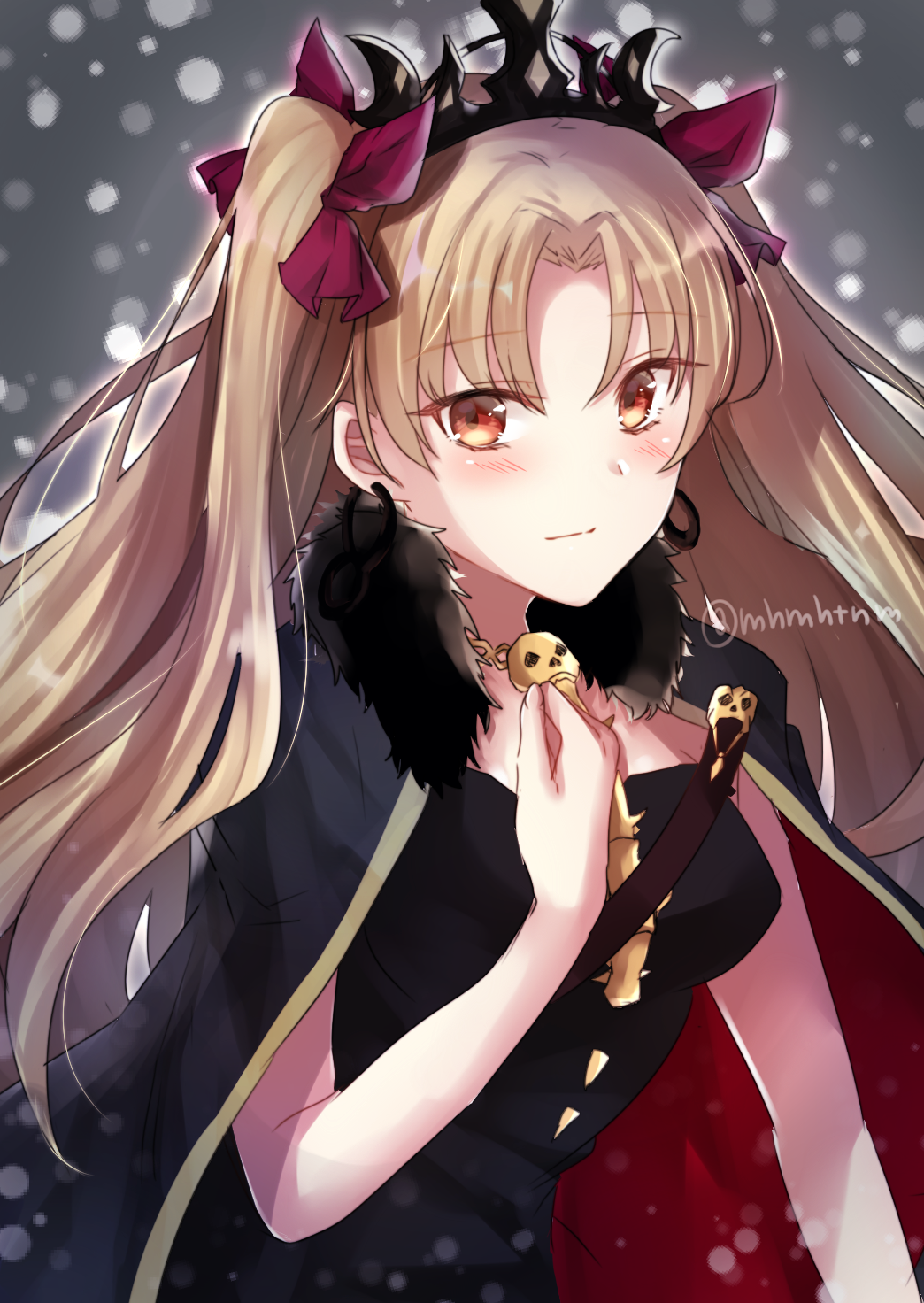 bangs bare_arms black_cape black_dress blonde_hair blush cape closed_mouth commentary_request crown dress ereshkigal_(fate/grand_order) eyebrows_visible_through_hair fate/grand_order fate_(series) fingernails fur_trim hand_on_own_chest highres long_hair looking_at_viewer multicolored multicolored_cape multicolored_clothes orange_eyes parted_bangs red_cape skull smile solo spine tanaji two_side_up upper_body