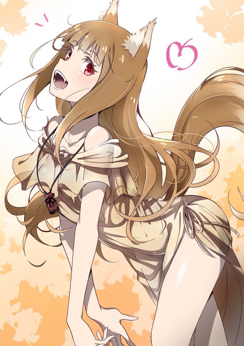 1girl animal_ears bare_shoulders blush breasts brown_hair dress fangs highres holo long_hair looking_at_viewer open_mouth red_eyes small_breasts smile solo spice_and_wolf tail teeth tokiani wolf_ears wolf_girl wolf_tail