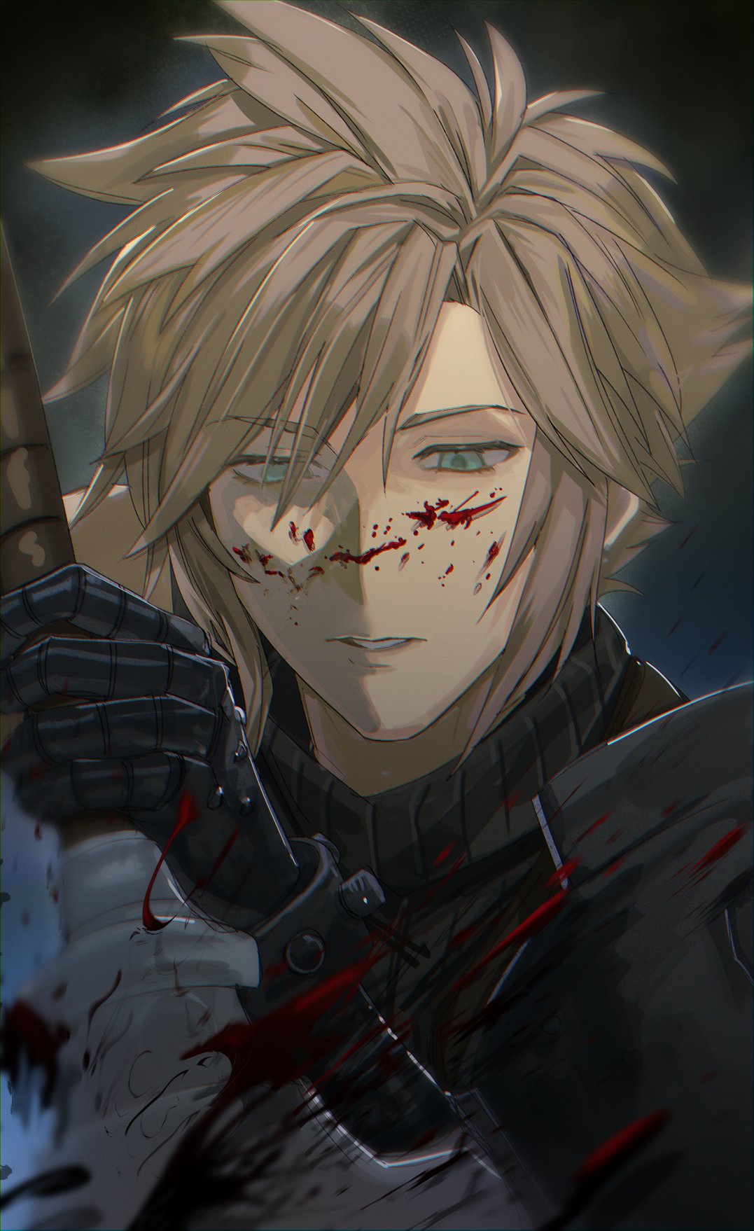 1boy armor black_gloves blonde_hair blood blood_on_face blood_on_weapon blood_spray blue_eyes cloud_strife final_fantasy final_fantasy_vii final_fantasy_vii_rebirth final_fantasy_vii_remake gloves highres holding holding_sword holding_weapon keiseki1 looking_down male_focus parted_lips portrait possessed shirt short_hair shoulder_armor simple_background spiked_hair sweater sword turtleneck turtleneck_sweater weapon