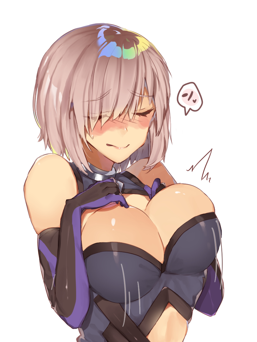 amakaze bare_shoulders blush bouncing_breasts breasts bursting_breasts cleavage closed_eyes closed_mouth elbow_gloves eyebrows_visible_through_hair facing_viewer fate/grand_order fate_(series) gloves hands_on_own_chest highres large_breasts mash_kyrielight pink_hair short_hair solo speech_bubble upper_body