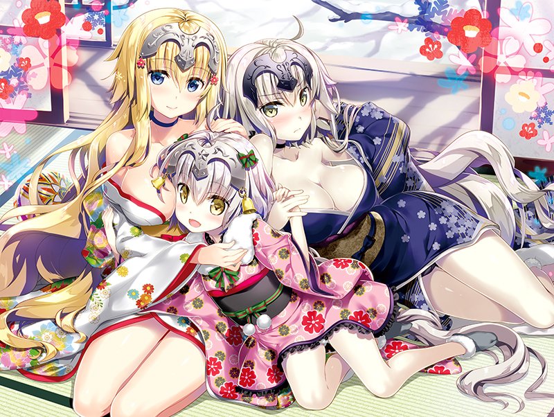 :d adjusting_hair ahoge arm_up bangs bare_legs bare_shoulders bare_tree bell between_breasts black_choker black_footwear black_kimono black_panties blonde_hair blue_eyes blush bow breast_press breasts choker cleavage closed_mouth collarbone day eyebrows_visible_through_hair fate/grand_order fate_(series) floral_print fujima_takuya full_body fur-trimmed_legwear fur_collar fur_trim green_bow hair_bow hand_in_hair hand_on_another's_head head_between_breasts headpiece indoors japanese_clothes jeanne_d'arc_(alter)_(fate) jeanne_d'arc_(fate) jeanne_d'arc_(fate)_(all) jeanne_d'arc_alter_santa_lily kimono large_breasts light_frown long_sleeves looking_at_viewer multiple_girls nose_blush obi off_shoulder on_floor open_mouth panties pantyshot pink_kimono pom_pom_(clothes) reclining ribbon sash seiza shiny shiny_skin sitting sliding_doors smile socks striped striped_ribbon sunlight tabi tareme tatami thigh_gap tree underwear white_hair white_kimono wide_sleeves yellow_eyes