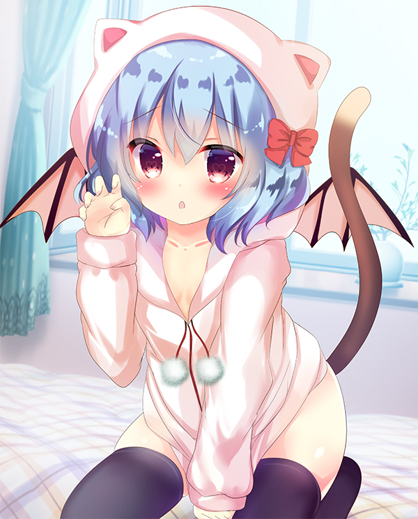 animal_hood bangs bat_wings bed_sheet black_legwear blue_hair blush cat_hood cat_tail claw_pose collarbone commentary curtains eyebrows_visible_through_hair fingernails hair_between_eyes hand_up heart heart-shaped_pupils hood hood_up hoodie indoors leaning_forward long_sleeves looking_at_viewer no_shoes parted_lips pink_hoodie pink_wings red_eyes remilia_scarlet rikatan seiza sitting solo symbol-shaped_pupils tail thighhighs touhou window wings