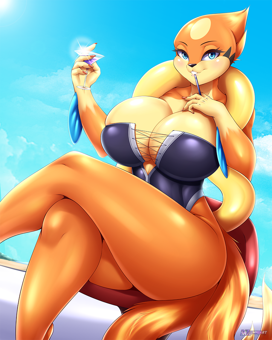 2017 anthro big_breasts breasts clothing corset crossed_legs female floatzel holding_object lingerie looking_at_viewer mleonheart multi_tail nintendo pok&eacute;mon pok&eacute;mon_(species) smile solo video_games