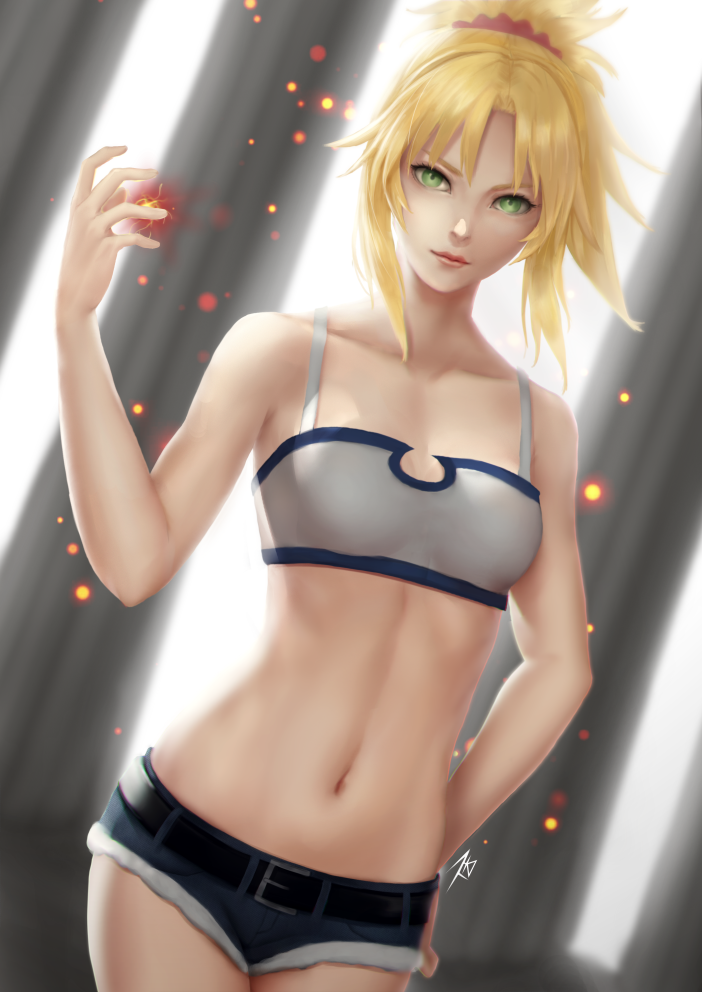 backlighting bandeau bangs bare_arms bare_shoulders belt belt_buckle blonde_hair breasts buckle closed_mouth collarbone column cowboy_shot cutoffs denim denim_shorts dutch_angle electricity fate/apocrypha fate_(series) green_eyes hand_on_hip hand_up light_particles lips looking_at_viewer mordred_(fate) mordred_(fate)_(all) navel parted_bangs pillar ponytail short_hair short_shorts shorts sidelocks signature small_breasts smile solo standing stomach suikunart
