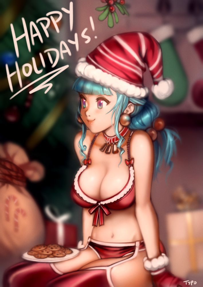 bangs bell bell_choker blue_hair blunt_bangs blush box breasts choker christmas christmas_stocking christmas_tree cleavage commentary cookie earrings food fur_trim gift gift_box gloves hair_bobbles hair_ornament hat jewelry large_breasts lips midriff mistletoe navel original plate red_choker red_gloves red_legwear sack santa_hat sitting smile solo thighhighs typo_(requiemdusk)