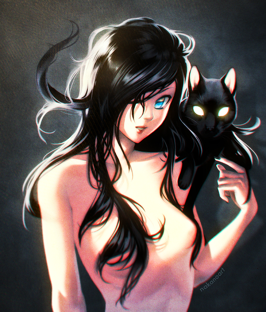 animal animal_on_shoulder artist_name black_cat black_hair blue_eyes breasts cat collarbone convenient_censoring glowing glowing_eyes gradient gradient_background grey_background hair_censor hair_over_breasts hair_over_one_eye lips long_hair looking_at_viewer nana_nakano nude original parted_lips small_breasts smile solo underwear yellow_eyes