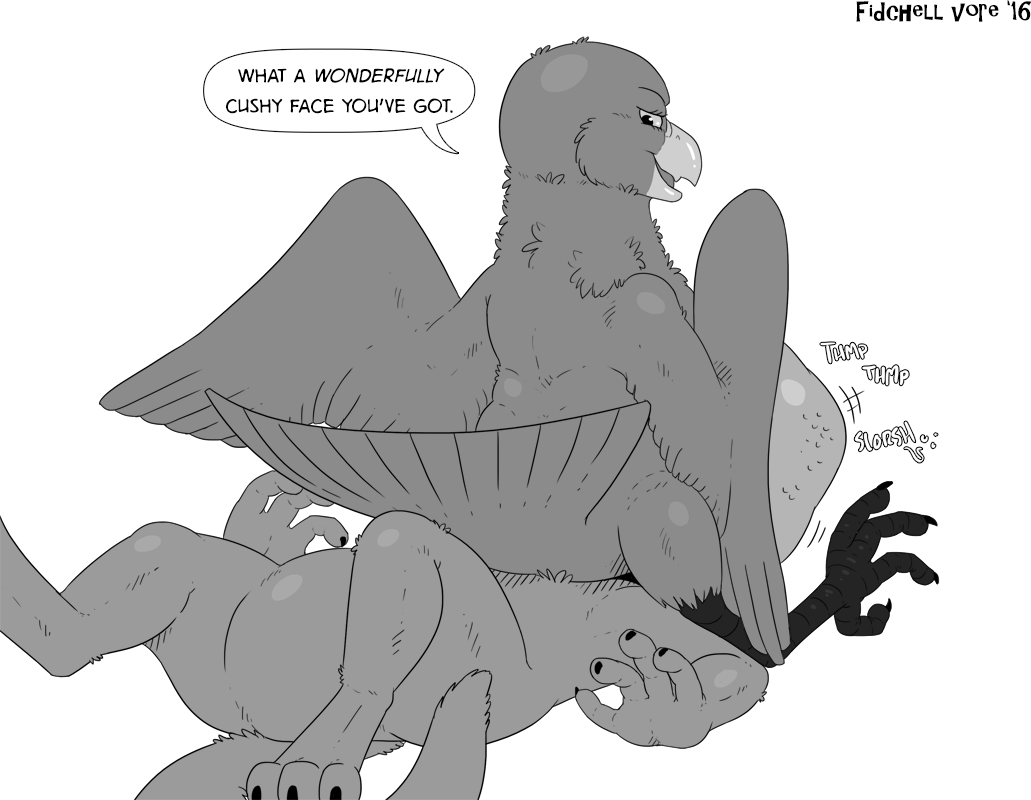 2016 anal_vore anthro avian beak belly big_belly bird buzzard digestion duo english_text facesitting feathered_wings feathers female feral fidchellvore honey_buzzard looking_back lying lyla_the_honey_buzzard male mammal monochrome mustelid open_mouth otter sitting smile spread_wings talons text vore wings