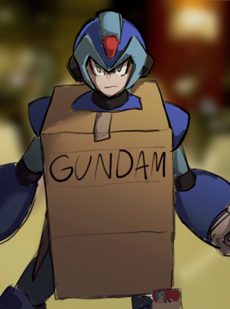 1boy armor blue_armor blue_helmet blurry blurry_background box cardboard_box cardboard_box_gundam cowboy_shot forehead_jewel green_eyes lemon_inu looking_at_viewer male_focus mega_man_(series) mega_man_x_(series) sketch solo x_(mega_man)