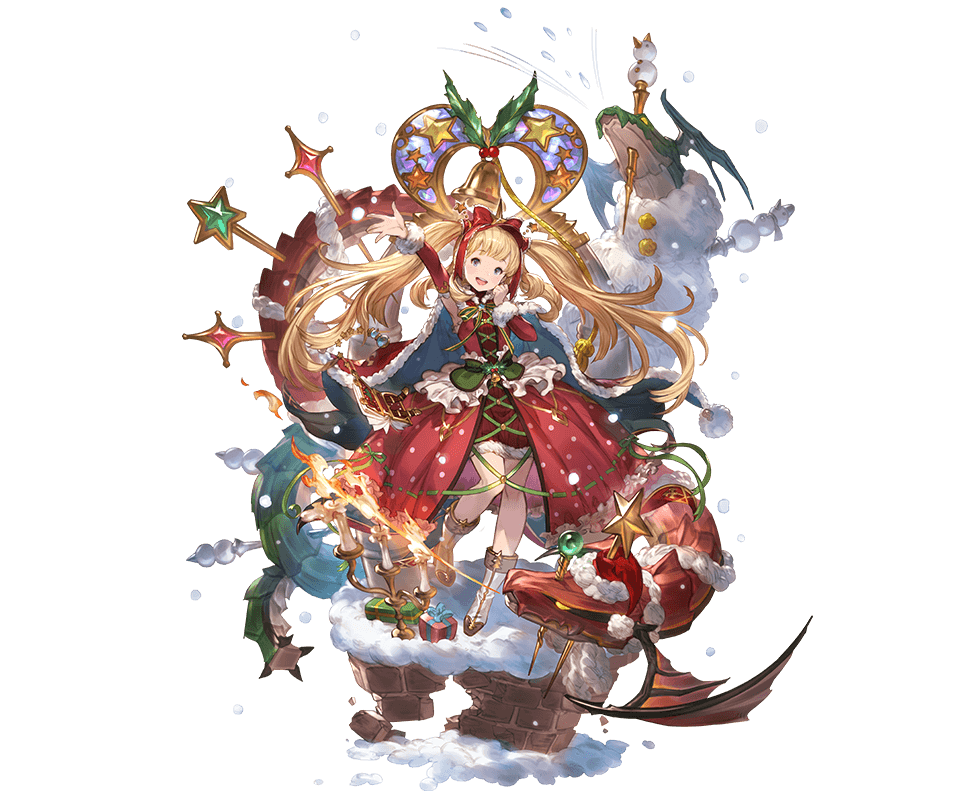 alternate_hairstyle blonde_hair blue_eyes bonnet boots bow cagliostro_(granblue_fantasy) candle chimney dragon dress full_body gift granblue_fantasy hair_bow long_hair minaba_hideo official_art red_dress transparent_background very_long_hair white_footwear