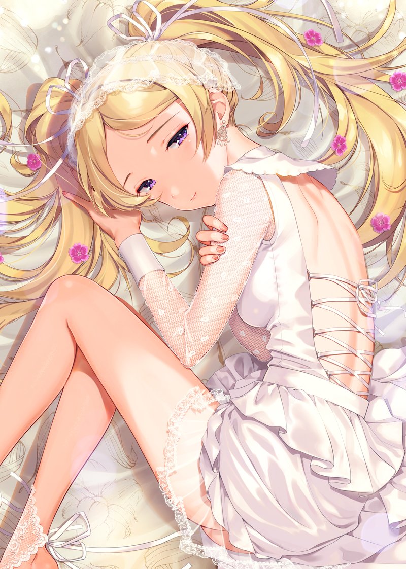 ass backless_dress backless_outfit bangs bare_back bed_sheet blonde_hair breasts brown_nails character_name closed_mouth commentary_request cross-laced_clothes dress earrings emily_stewart fingernails flower forehead hair_ribbon half-closed_eyes idolmaster idolmaster_million_live! jewelry joey_koguma layered_dress light_smile long_hair long_sleeves looking_at_viewer lying medium_breasts on_side parted_bangs purple_eyes purple_flower ribbon see-through see-through_silhouette see-through_sleeves shoulder_blades solo twintails veil very_long_hair white_dress white_ribbon