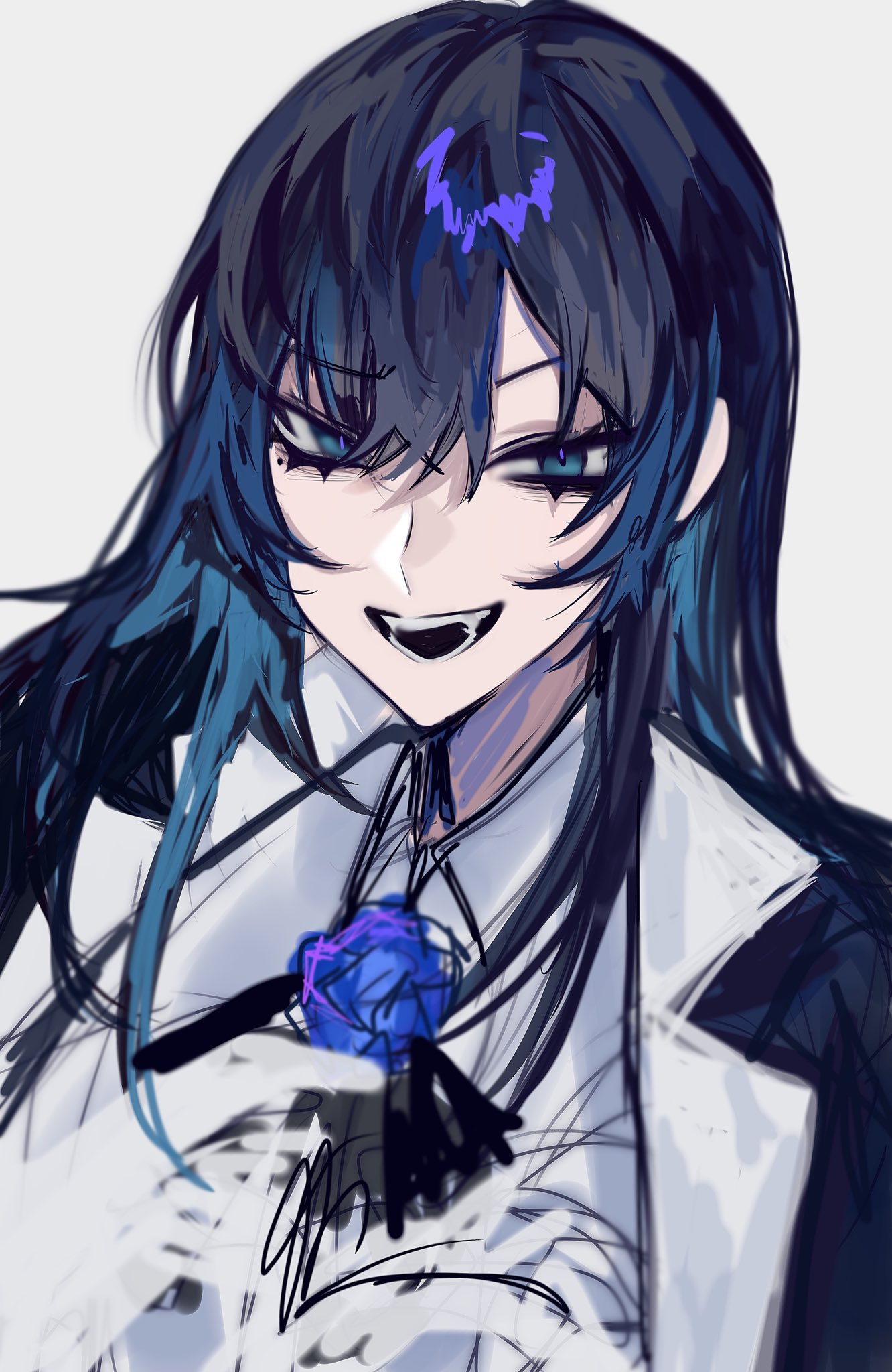 1girl ado_(utaite) black_jacket blue_eyes blue_flower blue_hair blue_rose chando_(ado) cloud_nine_inc collared_shirt commentary flower flower_brooch hair_between_eyes hashtag_only_commentary highres jacket long_hair looking_at_viewer mole mole_under_eye open_mouth rose shirt sidelocks simple_background solo teeth upper_body utaite wahahafufuhehe white_background white_shirt