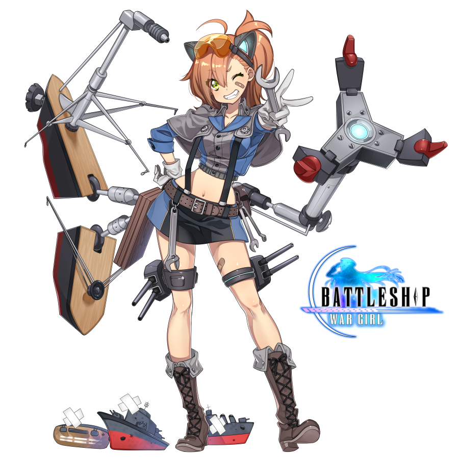 ahoge animal_ears bandaid bandaid_on_face bangs battleship:_war_girl belt boots breasts brown_hair cannon capelet cat_ears commentary_request contrapposto copyright_name eyebrows_visible_through_hair full_body gloves goggles goggles_on_head green_eyes grin hand_on_hip long_hair machinery mechanical_ears medium_breasts midriff miniskirt official_art one_eye_closed side_ponytail skirt sleeves_folded_up smile solo standing suspender_skirt suspenders thigh_strap vestal_(battleship:_war_girl) westxost_(68monkey) white_gloves wrench