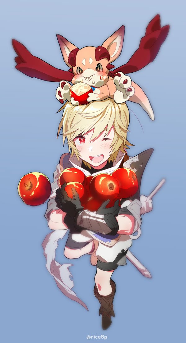 apple arthur_(granblue_fantasy) blonde_hair blue_background carrying dragon eating food food_on_face fruit granblue_fantasy male_focus one_eye_closed order_of_the_white_dragon_uniform rice_(rice8p) shorts simple_background smile twitter_username vee_(granblue_fantasy)
