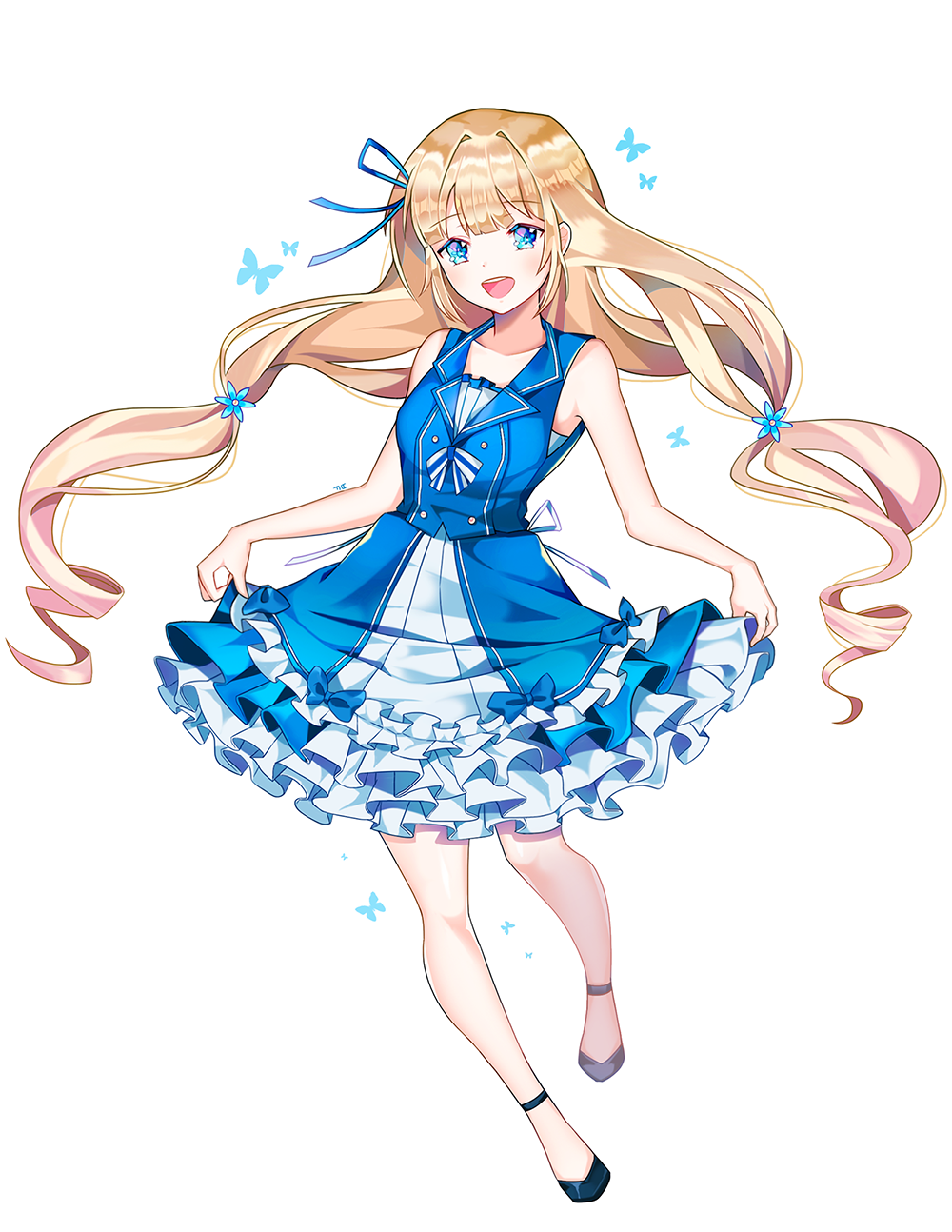 :d black_footwear blonde_hair blue_bow blue_dress blue_eyes bow bug butterfly dress flower frilled_dress frills ggomddak hair_flower hair_ornament hair_ribbon highres insect long_hair looking_at_viewer open_mouth original ribbon simple_background skirt_hold smile standing very_long_hair