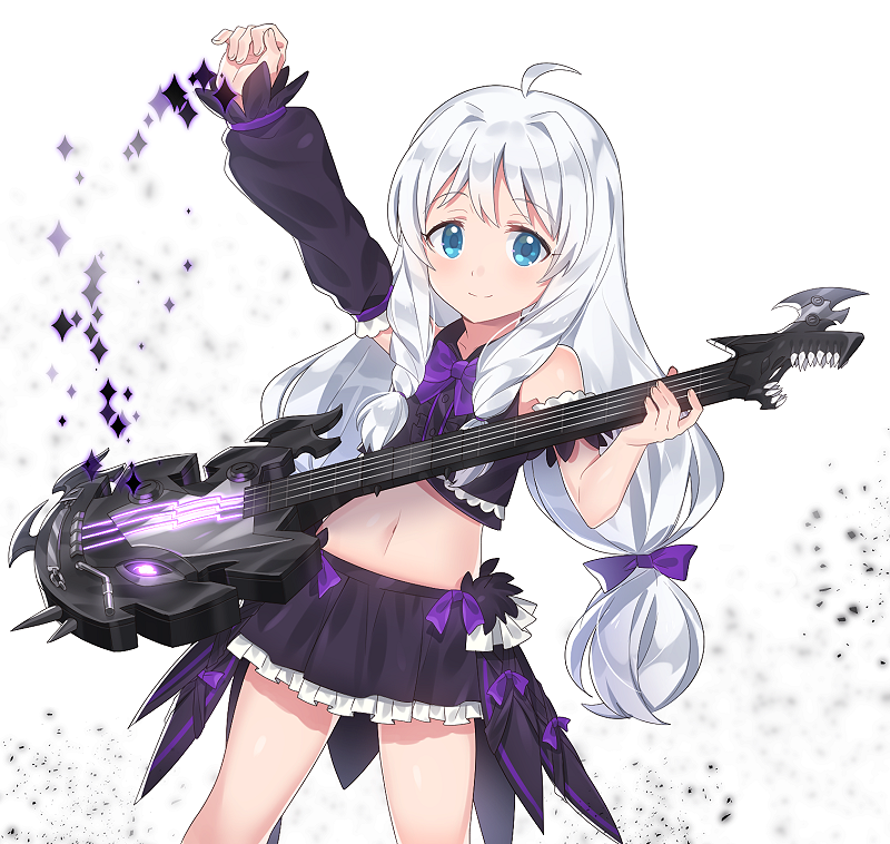 1girl ahoge asymmetrical_sleeves bare_shoulders blue_eyes bow bowtie detached_sleeves electric_guitar frilled_shirt frilled_skirt frills guitar holding holding_instrument instrument long_hair low-tied_long_hair miniskirt navel overskirt purple_bow purple_bowtie purple_shirt purple_skirt shirt shiyano simple_background skirt sleeveless sleeveless_shirt solo soulworker stella_unibell uneven_sleeves white_hair