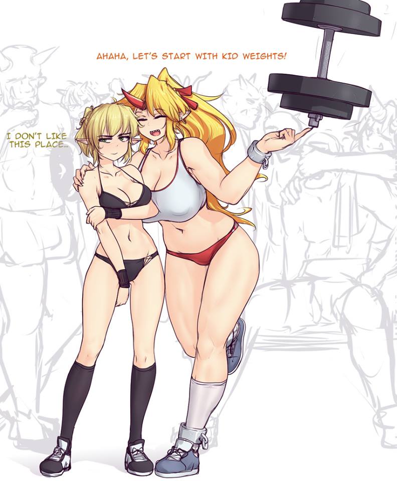 2girls black_bra black_panties black_socks blonde_hair blush bra bracelet breasts cleavage curvy earrings embarrassed english_text green_eyes hand_cuffs happy horn hoshiguma_yuugi large_ass large_breasts long_hair long_socks medium_breasts mizuhashi_parsee multiple_boys multiple_girls navel open_mouth panties pointy_ears ponytail shirt short_hair smile sneakers stomach thick_thighs touhou white_background white_socks wide_hips