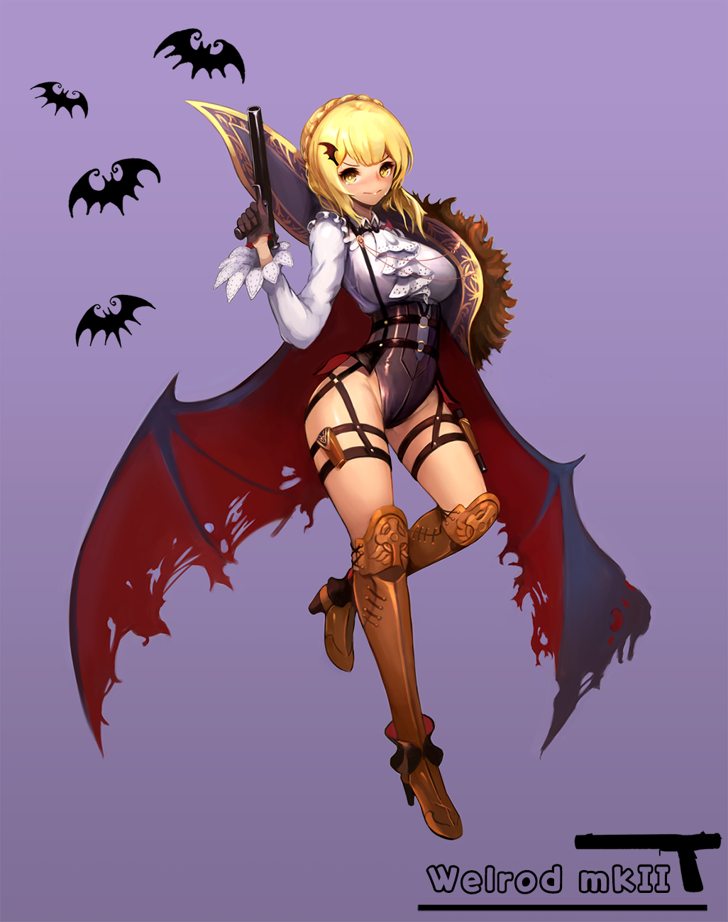 armor armored_boots bangs bat bat_wings black_leotard blonde_hair blush boots braid breasts brown_footwear brown_gloves character_name closed_mouth commentary_request crown_braid girls_frontline gloves half_gloves halloween highleg highleg_leotard highres knee_boots large_breasts leotard long_sleeves looking_at_viewer notte purple_background red_wings shirt simple_background smile solo standing standing_on_one_leg torn_wings welrod_mk2_(girls_frontline) white_shirt wings yellow_eyes