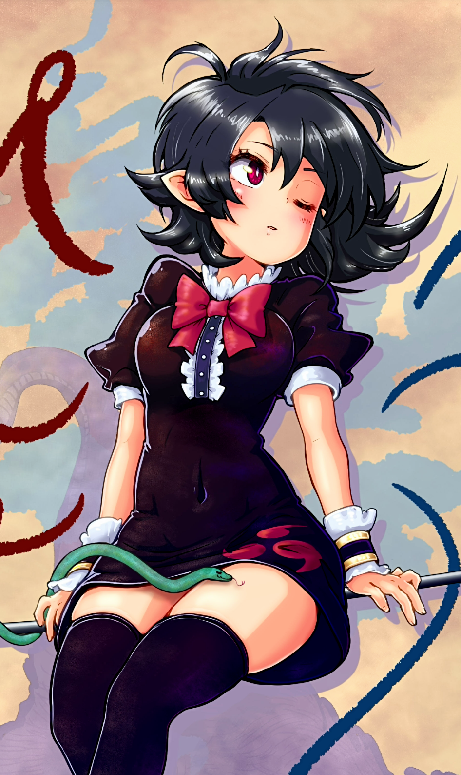 1girl black_dress black_hair black_thighhighs blue_wings bow bowtie breasts buttons carbohydrate_(asta4282) center_frills commentary_request covered_navel drawn_wings dress expressionless frilled_dress frills hair_between_eyes highres houjuu_nue looking_afar looking_to_the_side medium_bangs medium_hair parted_lips pointy_ears red_bow red_bowtie red_eyes red_wings reitaisai short_dress short_sleeves simple_background sitting small_breasts snake solo thighhighs tomoe_(symbol) touhou wings