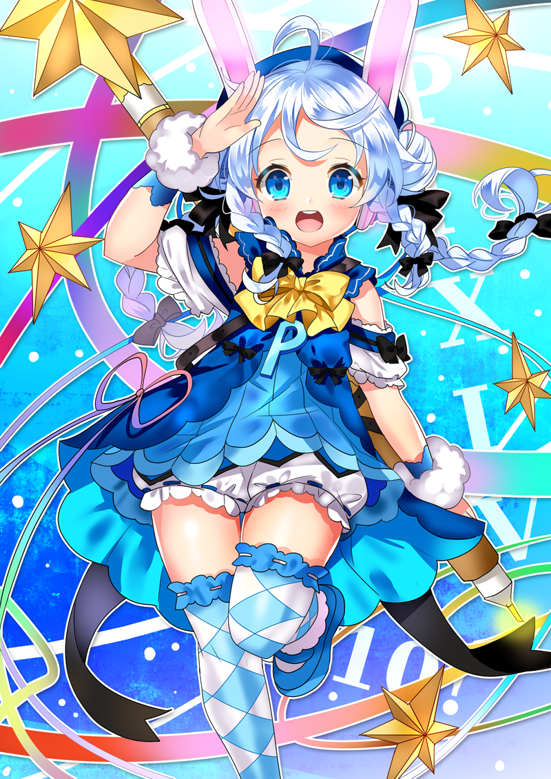 :d animal_ears argyle arm_up bangs black_bow black_ribbon bloomers blue_dress blue_eyes blue_hair blush bow braid bunny_ears commentary_request double_bun dress eyebrows_visible_through_hair hair_bow holding holding_stylus kurot long_hair looking_at_viewer low_twintails open_mouth original oversized_object pixiv-tan ribbon salute short_sleeves smile solo star stylus thighhighs twin_braids twintails underwear upper_teeth white_bloomers wrist_cuffs