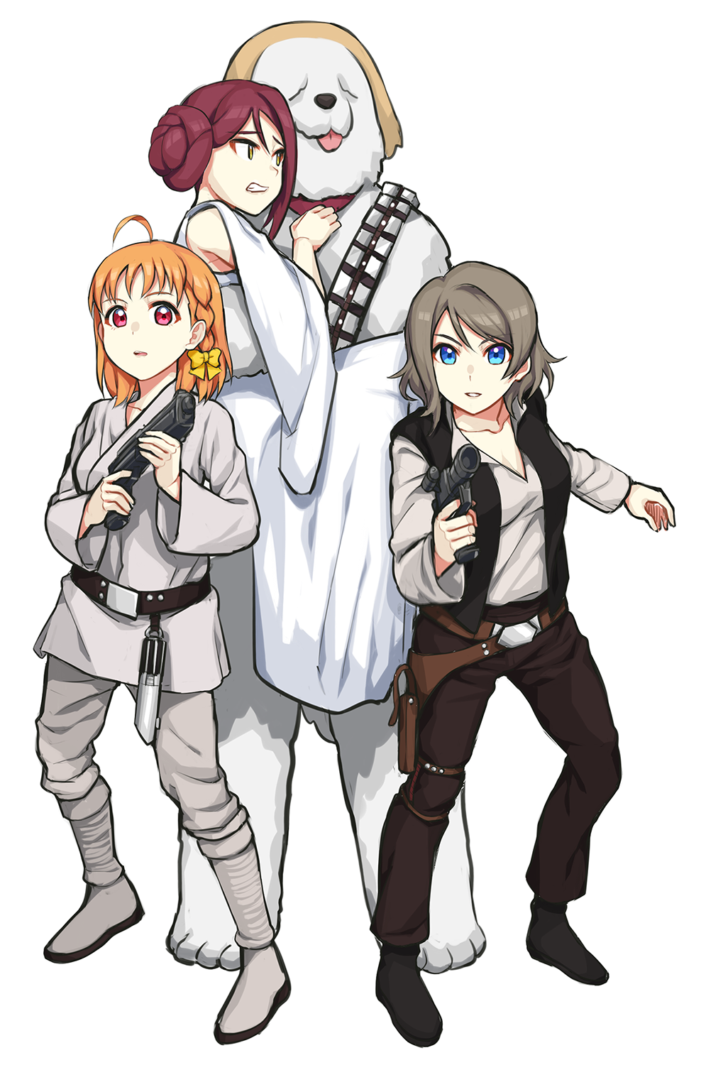 ahoge blue_eyes bow brown_hair chewbacca chewbacca_(cosplay) chu_kai_man collarbone commentary_request cosplay dog energy_sword eyebrows_visible_through_hair full_body gun hair_bow hair_bun han_solo han_solo_(cosplay) highres holding holding_gun holding_weapon lightsaber looking_at_another looking_at_viewer love_live! love_live!_sunshine!! luke_skywalker luke_skywalker_(cosplay) multiple_girls namesake orange_hair parted_lips pink_eyes princess_leia_organa_solo princess_leia_organa_solo_(cosplay) pun red_hair sakurauchi_riko shiitake_(love_live!_sunshine!!) short_hair star_wars sword takami_chika transparent_background watanabe_you weapon yellow_bow yellow_eyes