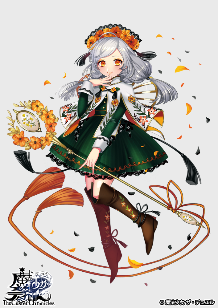 ahoge blush boots brown_footwear capelet copyright_name dress floral_print full_body green_dress grey_hair hair_tie hand_up holding holding_staff looking_at_viewer matsurika_youko official_art orange_eyes smile staff tassel the_caster_chronicles two_side_up watermark white_capelet