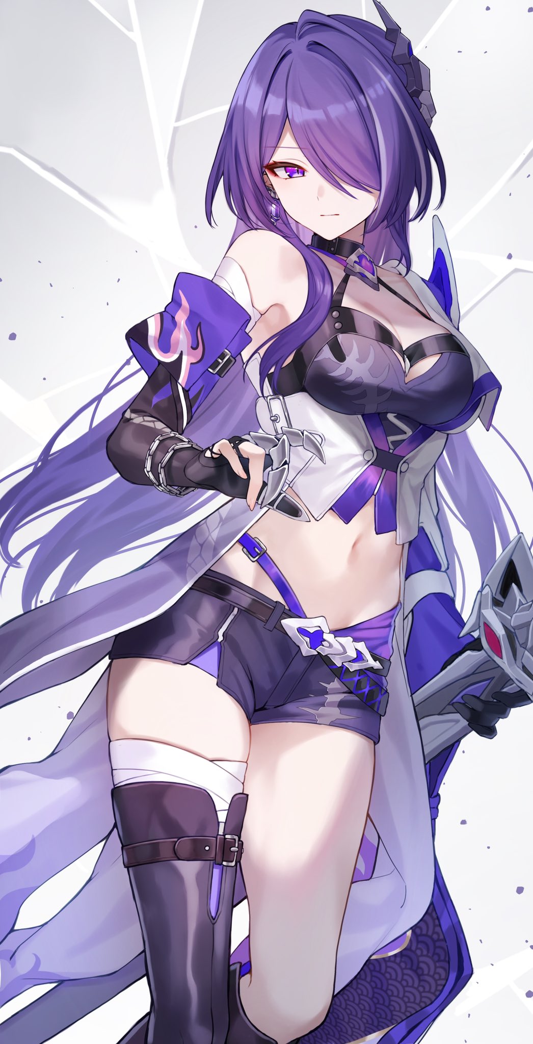 1girl acheron_(honkai:_star_rail) black_gloves black_shorts boots breasts cleavage closed_mouth commentary_request crop_top detached_sleeves gloves hair_over_one_eye hand_up highres holding holding_sword holding_weapon honkai:_star_rail honkai_(series) long_hair long_sleeves looking_at_viewer medium_breasts navel partially_fingerless_gloves purple_eyes purple_hair shorts single_bare_shoulder single_thigh_boot solo stomach sword thigh_boots thighs toramaru_(toramal9831) very_long_hair waist_cape weapon