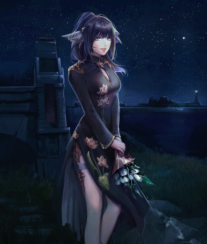 au_ra black_hair blue_eyes bouquet china_dress chinese_clothes commission dragon_horns dragon_tail dress final_fantasy final_fantasy_xiv flower horns jpeg_artifacts long_hair looking_at_viewer night outdoors parted_lips ponytail scales side_slit sky solo standing star_(sky) starry_sky tail tida_kietsungden