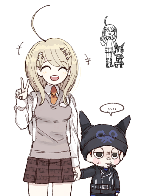 1boy 1girl ahoge akamatsu_kaede backpack bag blonde_hair blush_stickers breasts brown_hair danganronpa duo eyebrows eyes_closed hair_ornament hairclip hat horned_headwear hoshi_ryouma jacket miniskirt musical_note musical_note_hair_ornament necktie new_danganronpa_v3 open_mouth pants school_uniform skirt striped striped_pants tie uniform