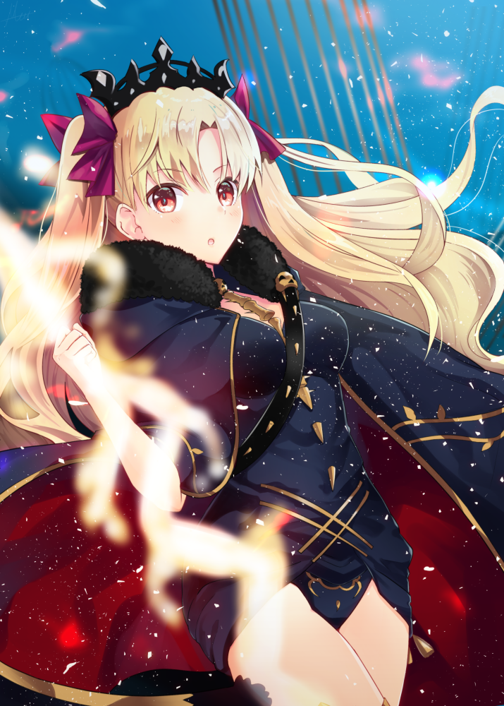 :o bangs between_breasts black_cape blonde_hair blush breasts buckle cape commentary_request ereshkigal_(fate/grand_order) fate/grand_order fate_(series) fur-trimmed_cape fur_trim glowing glowing_weapon hair_ribbon holding holding_weapon jewelry light_particles long_hair looking_at_viewer meet multicolored multicolored_cape multicolored_clothes necklace parted_bangs red_cape red_eyes red_ribbon ribbon skull solo spine thighs tiara two_side_up weapon