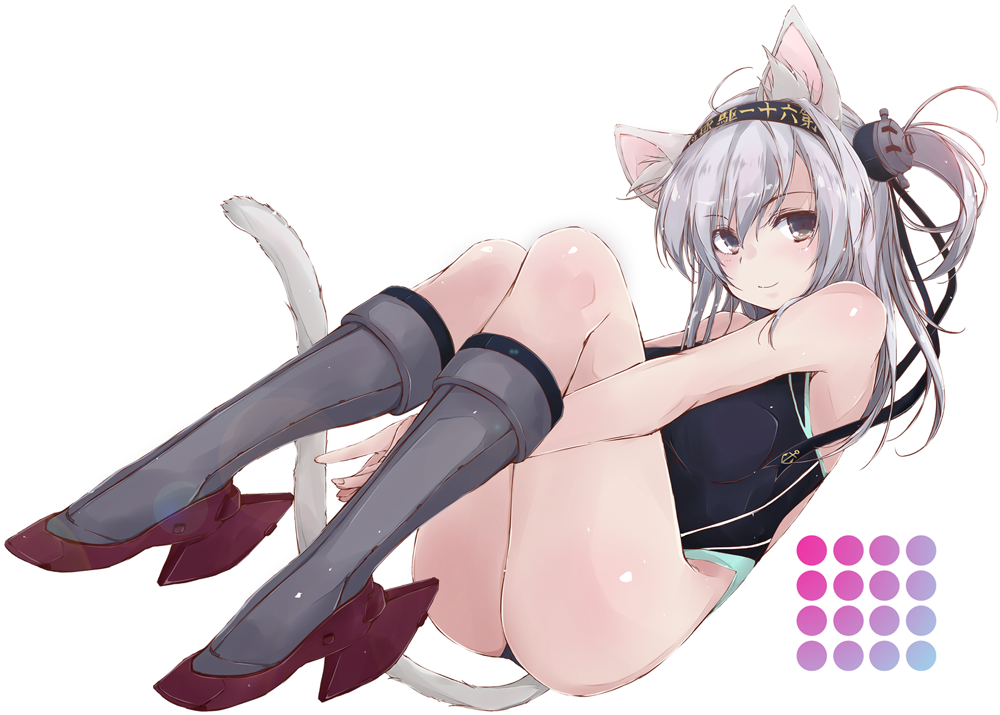 animal_ears ass black_footwear black_swimsuit boots breasts brown_eyes cat_ears cat_tail competition_swimsuit grey_footwear headband kantai_collection knee_boots leg_hug long_hair looking_at_viewer one-piece_swimsuit one_side_up rudder_shoes silver_hair simple_background small_breasts solo suzutsuki_(kantai_collection) swimsuit tail white_background yumesato_makura