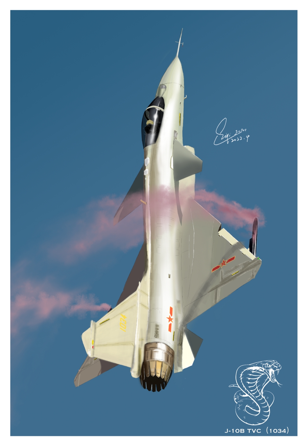 aircraft airplane blue_sky border canards china cobra_maneuver dated fighter_jet highres j-10b jet military_vehicle no_humans original p.f_lee people's_liberation_army people's_liberation_army_air_force signature sky vehicle_focus white_border